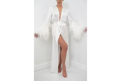 Women's Silk Long Robe - Double Ostrich Feather Sleeve Trim Collection