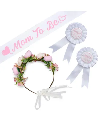 Baby Shower Decoration Set: Pink Floral Tiara, White & Pink Sash, White & Pink Dad-to-Be Pin