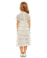 Mac Duggal Little Girls High Neck Embroidered Short Sleeve Midi Dress