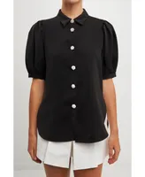 English Factory Women's Jewel Button Puff Sleeve Top