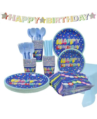 Disposable Birthday Party Set, Serves 24, with Large and Small Paper Plates, Paper Cups, Straws, Napkins, Plastic Utensils