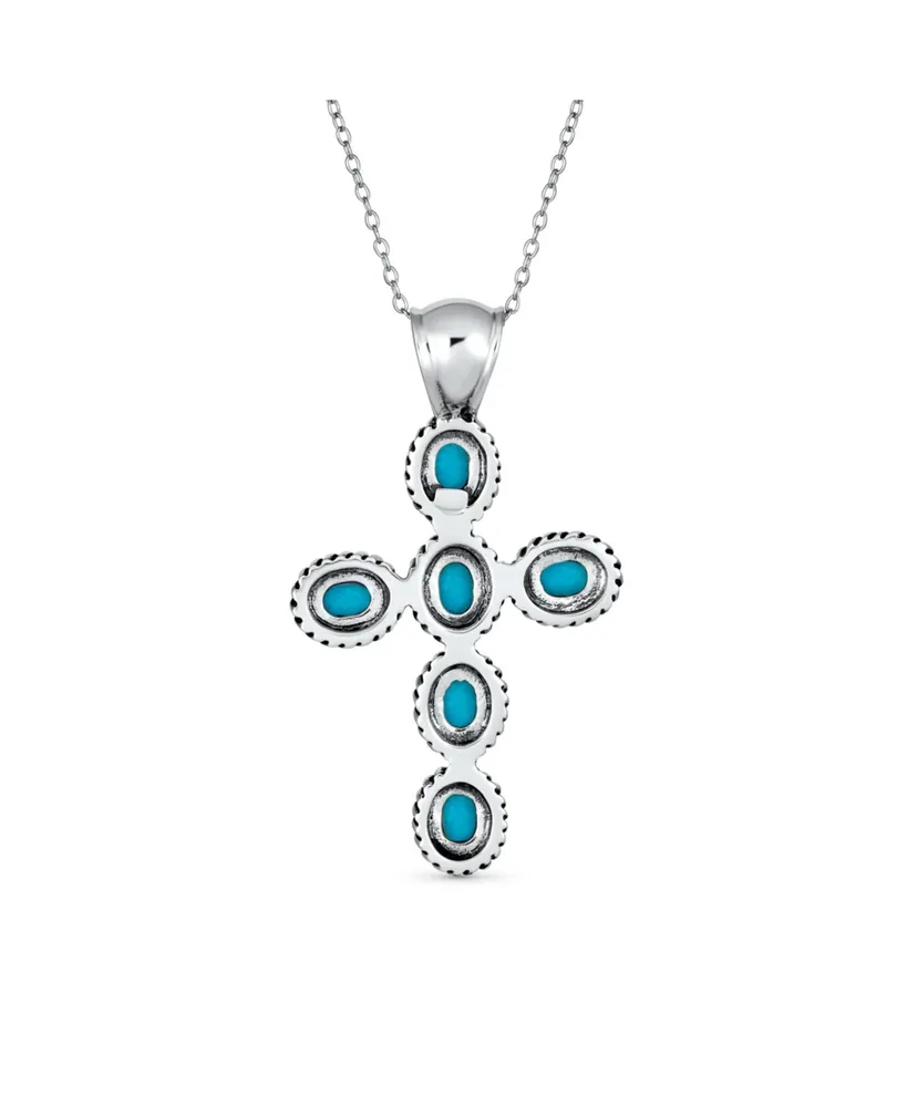 Bling Jewelry South Western Style Stabilized Blue Turquoise Rope Bezel Set Cross Pendant Necklace For Women .925 Sterling Silver