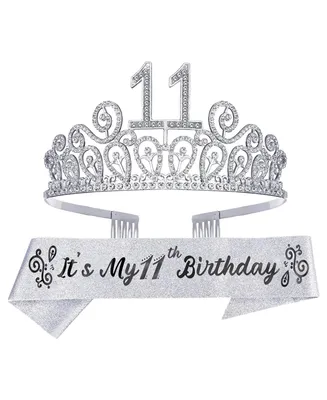11th Birthday Glitter Sash and Silver Rhinestone Metal Tiara for Girls - Perfect Party Accessories and Gifts for Princess Celebration
