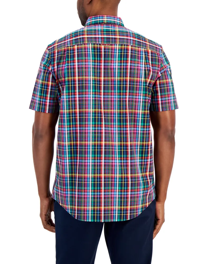 Club Room Men's Plaid Poplin Button-Down Short Sleeve Shirt, Created for Macy's