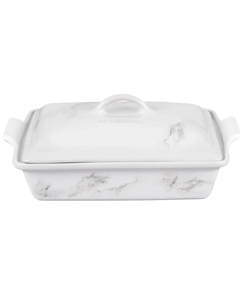 Le Creuset 4 Quart Stoneware Covered Rectangular Casserole with Marble Applique