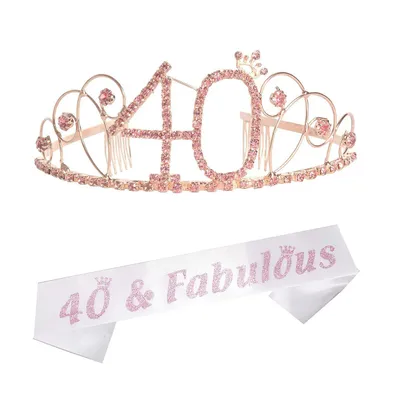 40th Birthday Sash and Tiara Set for Women - Glittery Sash and Pink Rhinestone Metal Tiara, Perfect 40th Birthday Party Gifts and Accessories