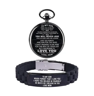 Son Gifts from Mom - To My Son Never Forget That I Love You - Christmas, Graduation, Pocket Watch and Bracelet Set