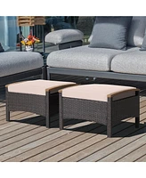 Set of 2 Patio Rattan Ottoman Footrest Cushions Wooden Handle