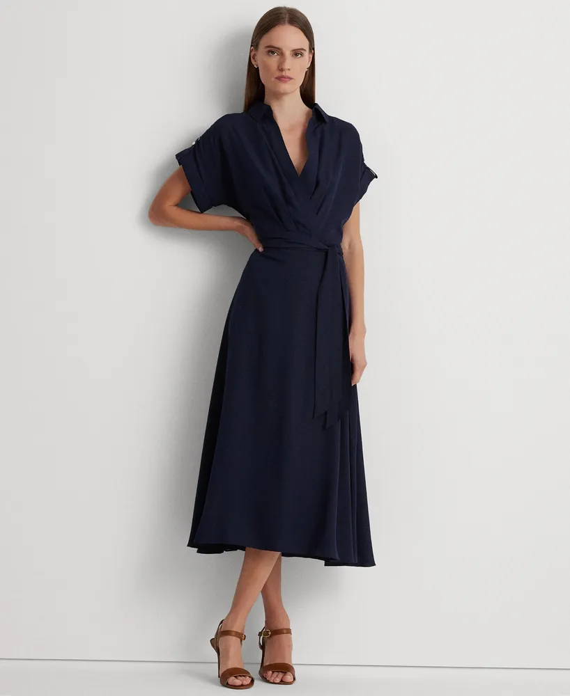 Lauren Ralph Lauren Women's Self-Belt Roll-Tab Sleeve Surplice Crepe Dress