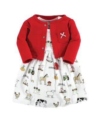 Hudson Baby Toddler Girl Cotton Dress and Cardigan 2pc Set, Farm