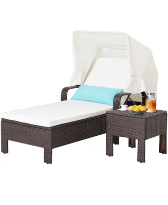 Costway 2PCS Patio Rattan Lounge Chair Chaise with Side Table Folding Canopy Cushion Pillow