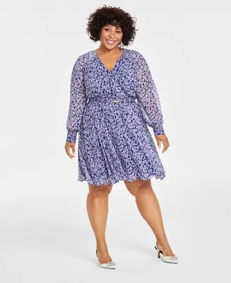 Inc Plus Size Printed Long-Sleeve Belted Mini Dress, Created for Macy's