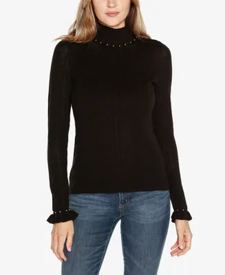Belldini Women's Short Puff-Sleeve Embellished Sweater