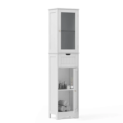 Bathroom Tall Cabinet Freestanding Linen Tower with Doors & Drawer