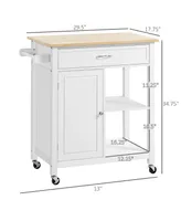 Homcom Kitchen Island Cart, Rolling Kitchen Island with Storage, Solid Wood Top, Drawer, for Dining Room, White