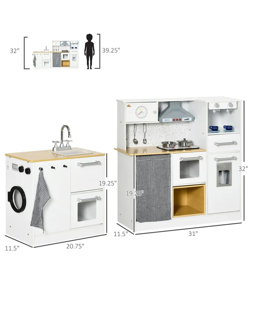 Qaba Kids Wooden Kitchen Playset with Sound Effects and Tons of Countertop Space, Wooden Corner Play Kitchen Set with Washing Machine, Imaginative Toy