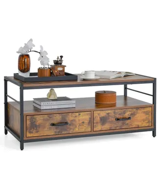Coffee Table with Storage Drawers& Shelf Coffee Table with Metal Frame for Living Room