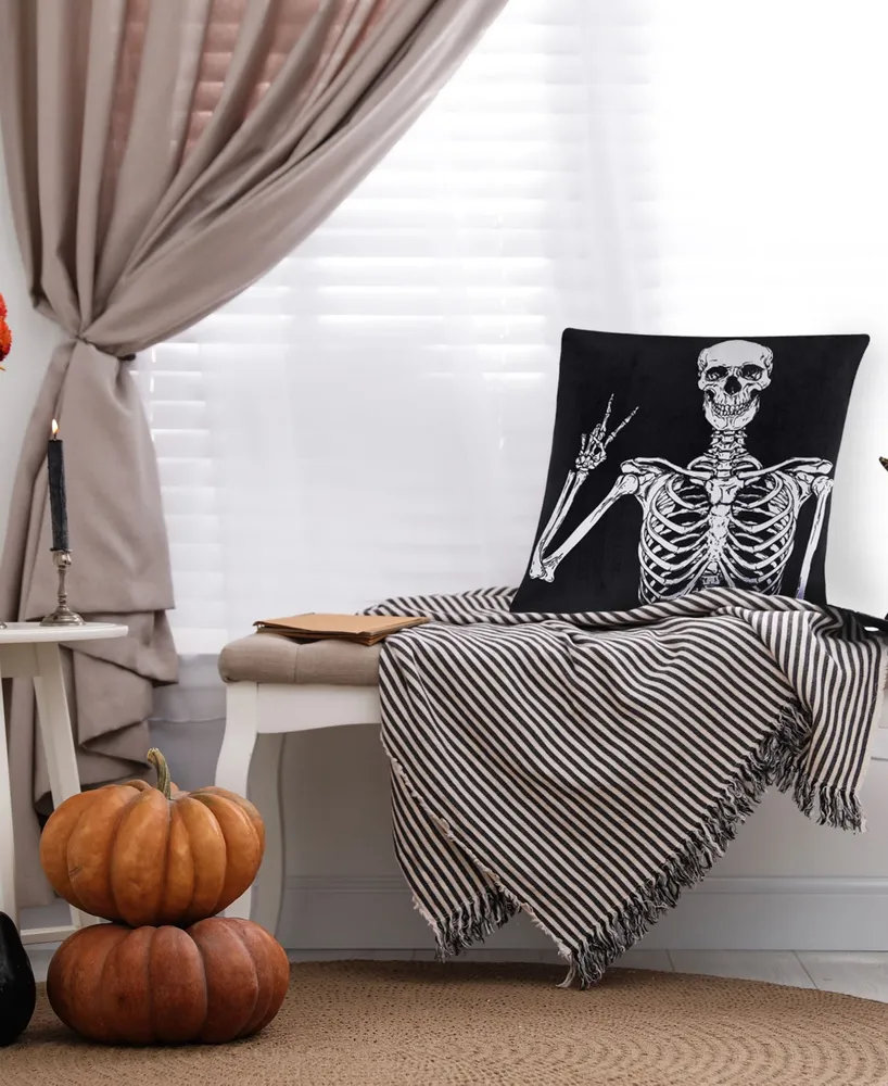 Edie@Home Halloween Velvet Peace Skeleton Decorative Pillow, 18" x 18"
