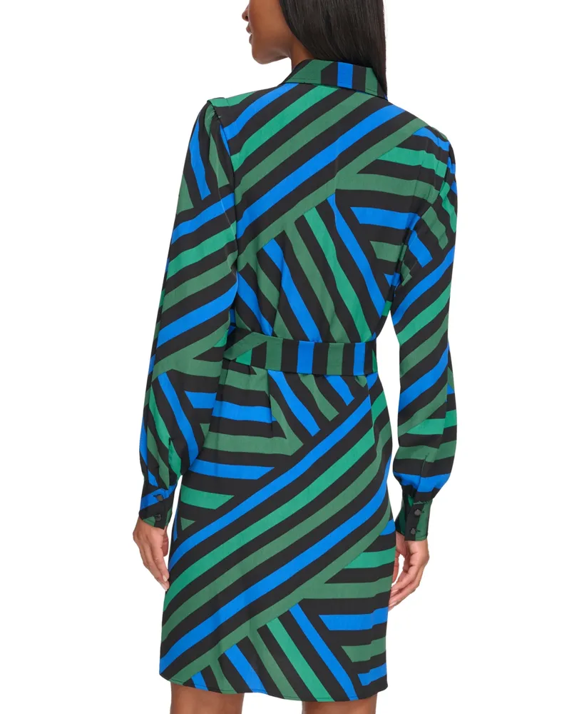 Karl Lagerfeld Paris Women's Geometric Stripe Print Silky Crepe Shirt Dress