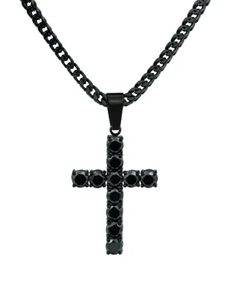 Blackjack Men's Cubic Zirconia Cross 24" Pendant Necklace Black-Ion Plated Stainless Steel