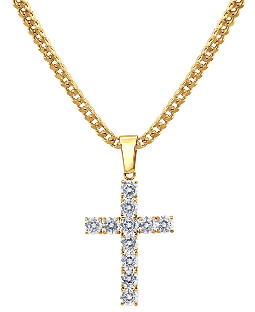 Blackjack Men's Cubic Zirconia Cross 24" Pendant Necklace in Black-Ion Plated Stainless Steel - Gold