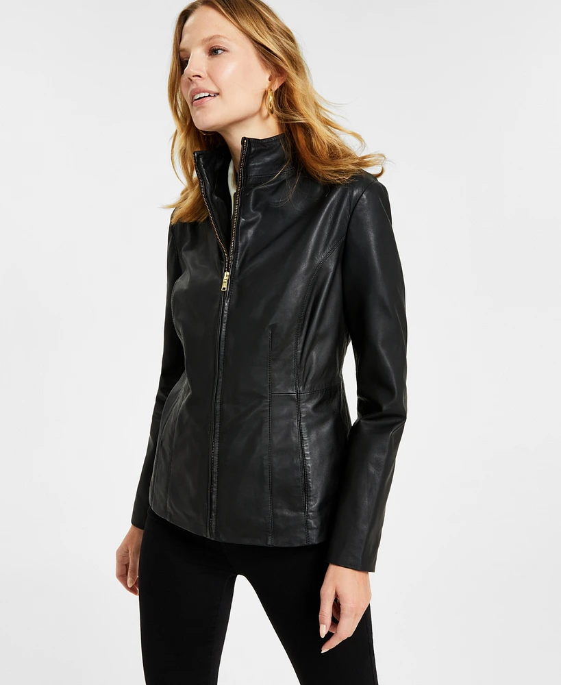 Cole Haan Womens Petite Leather Coat