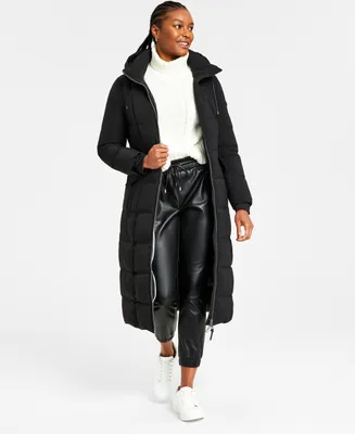 Dkny Womens Maxi Belted Hooded Puffer Coat
