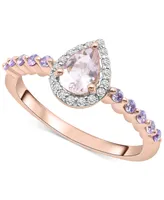 Morganite (1/3 ct. t.w.), Rose de France Amethyst (1/3 ct. t.w.) & Diamond Halo Ring in 14k Rose Gold - Multi