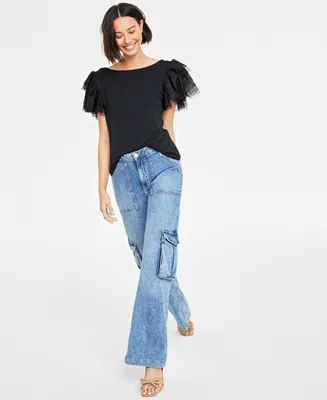 On 34th Women's Tulle Ruffle-Sleeve T-Shirt, Created for Macy's