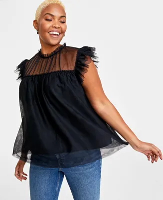 On 34th Women's Tulle Flutter-Sleeve Top, Created for Macy's