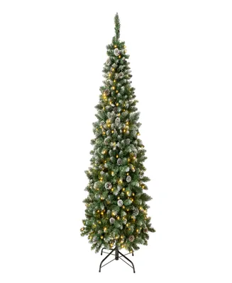 National Tree Company 6 ft. Oakley Hills Snow Slim Hinged Tree with 53 Pine Cones & 250 Warm White Led Lights