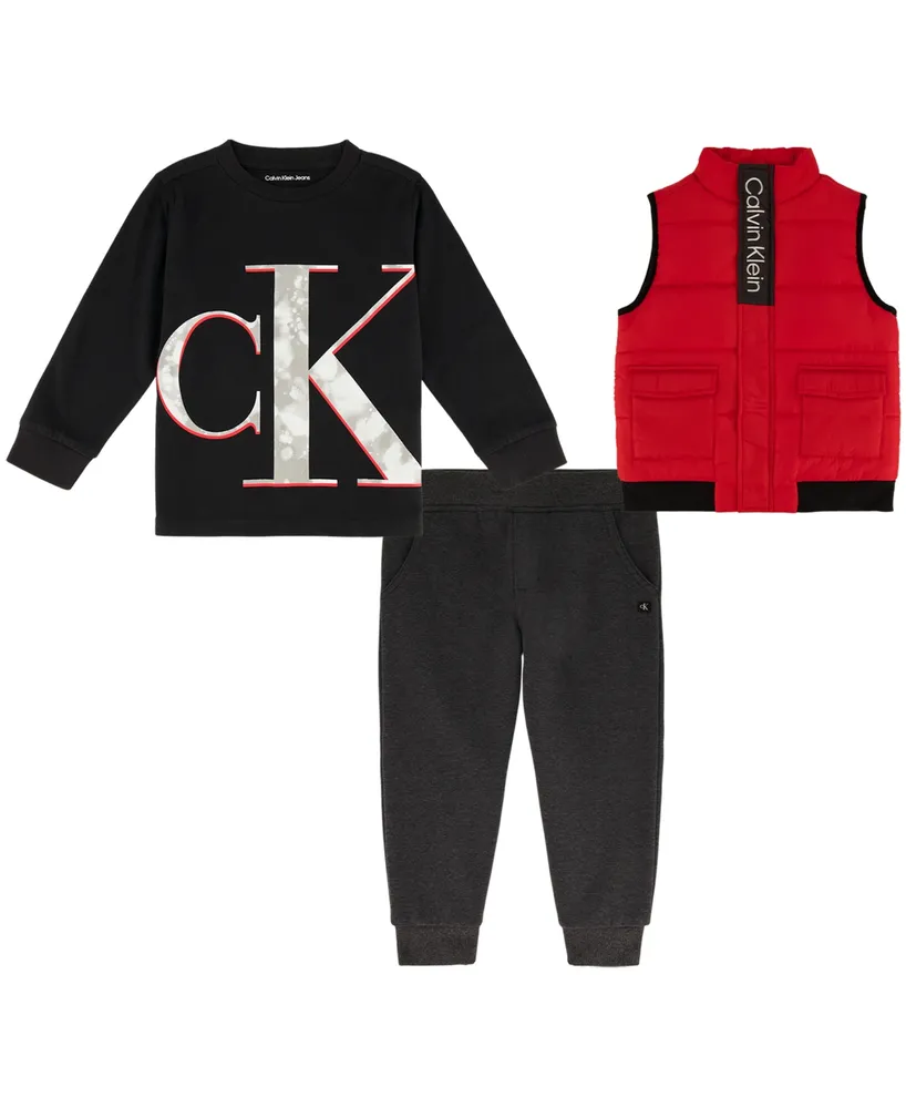 Calvin Klein Little Boys Long Sleeve T-shirt, Fleece Joggers and Puffer  Vest, 3 Piece Set