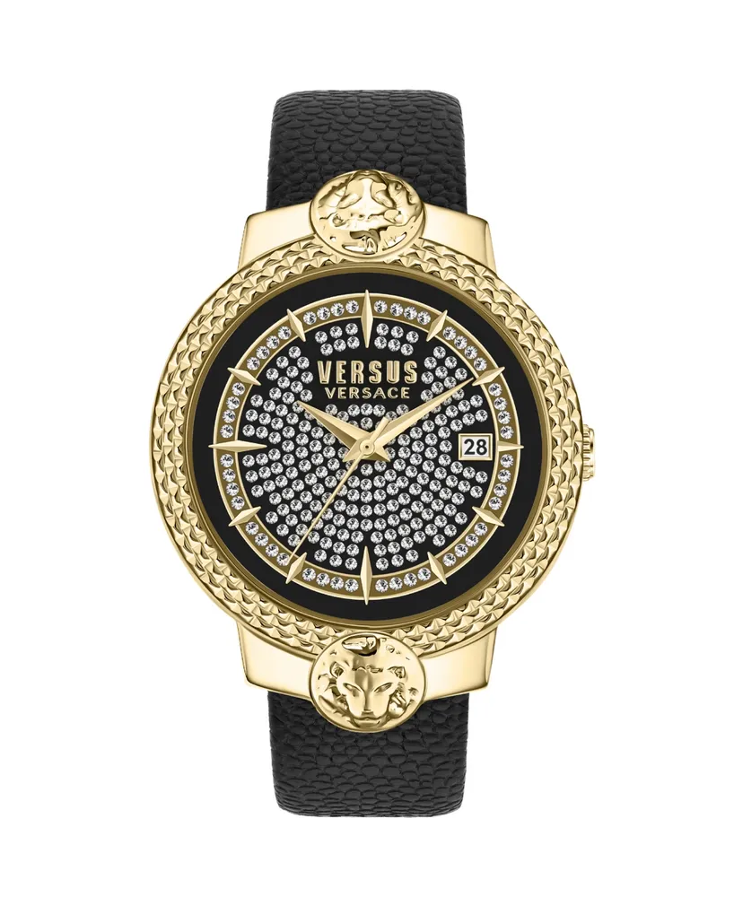 Versus Versace Women's Watch 3 Hand Date Quartz Mouffetard Crystal Dial Black Leather Strap Watch 38mm