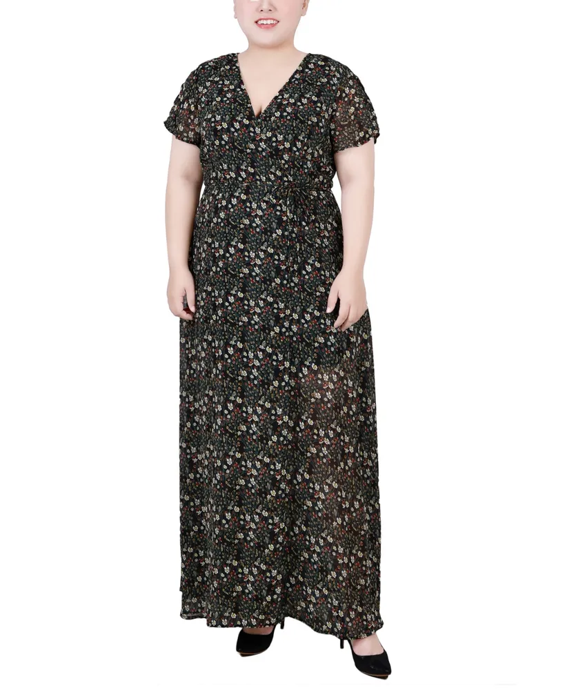 Ny Collection Plus Size Short Sleeve Tie Closure Wrap Chiffon Maxi Dress