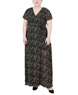 Ny Collection Plus Short Sleeve Tie Closure Wrap Chiffon Maxi Dress