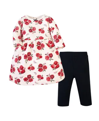 Hudson Baby Girls Quilted Cotton Long-Sleeve Dress and Leggings 2pc Set, Red Rose