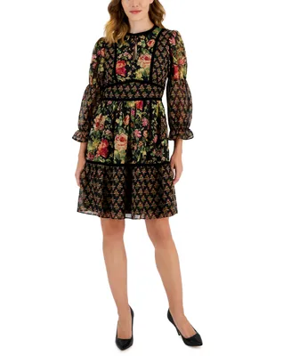 Tahari Asl Women's Mixed-Print Velvet-Trim 3/4-Sleeve Dress