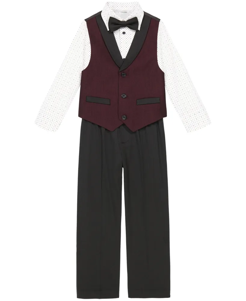Calvin Klein Little Boys Cord Stripe Vest, Pant, Dress Shirt and Bowtie, 4 Piece Set