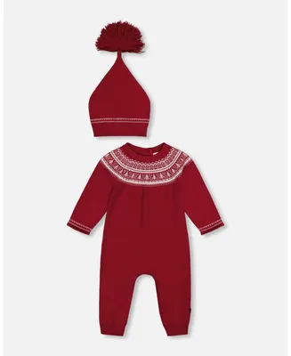Baby Girl Knitted Icelandic One Piece And Hat Set Burgundy - Infant