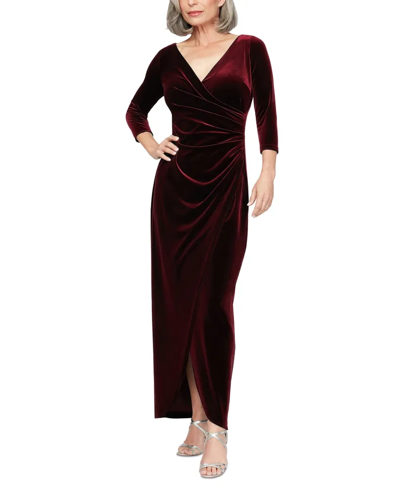 Alex Evenings Petite Velvet Side-Ruched 3/4-Sleeve Gown