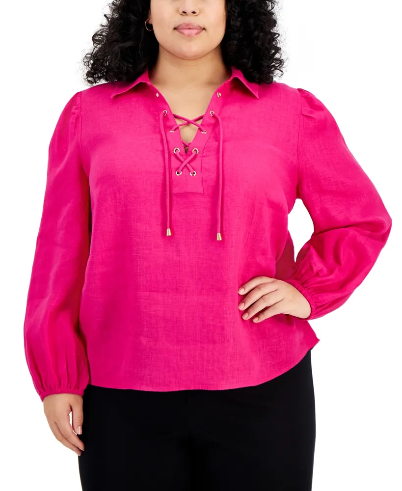 I.n.c. International Concepts Plus Lace-Up Puff-Sleeve Blouse, Created for Macy's