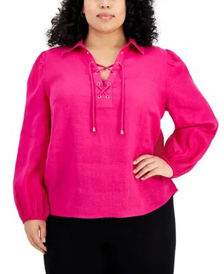 I.n.c. International Concepts Plus Size Lace-Up Puff-Sleeve Blouse, Created for Macy's