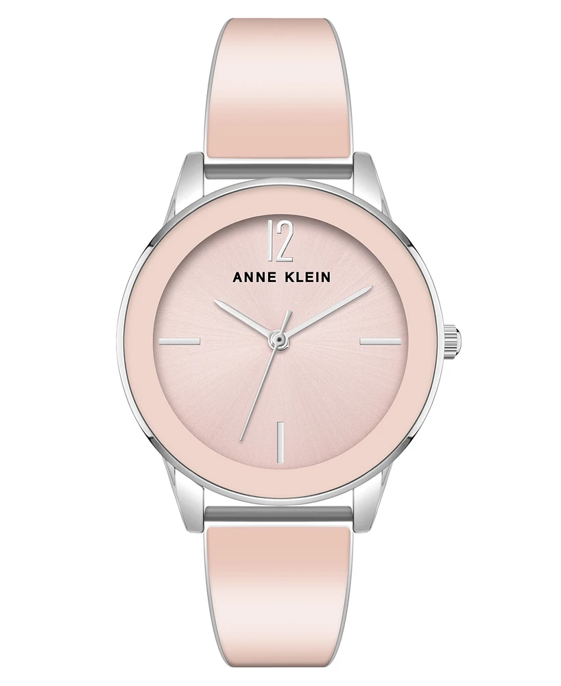 Anne Klein Women's Three Hand Quartz Pink Enamel and Silver-tone Alloy Bangle Watch, 33mm - Pink-Silver