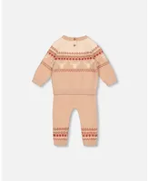 Baby Boy Jacquard Knitted Sweater And Pants Set Beige - Infant