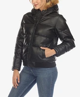 White Mark Women's Removable Furry Hoodie Bomber Leather Jacket