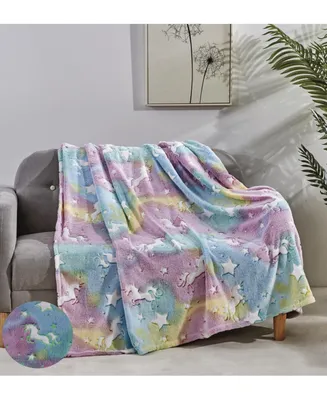 GoodGram Glow In The Dark Blue Unicorns & Stars Ultra Plush Juvi Fleece Accent Throw Blanket - 50 In. X 60 In.