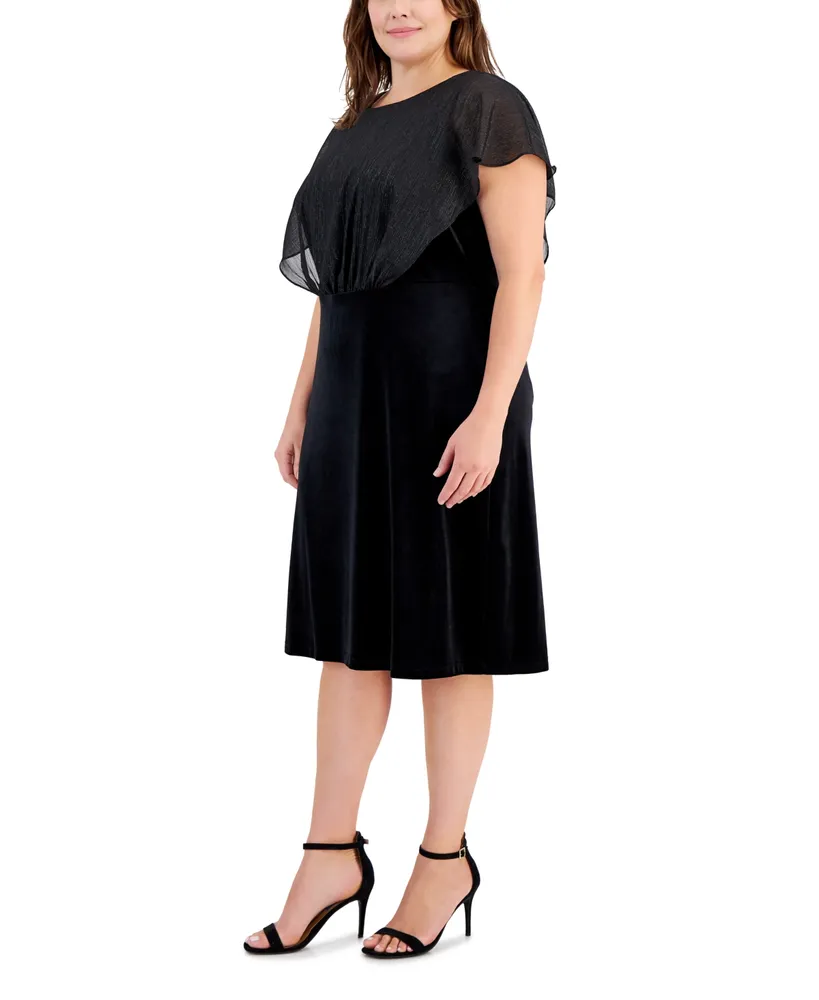 Connected Plus Size Round-Neck Overlay Velvet Sheath Dress