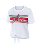 Women's Wear by Erin Andrews White Ohio State Buckeyes Striped Front Knot Cropped T-shirt