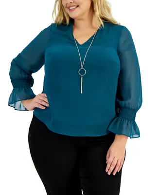 Jm Collection Plus Size Smocked-Sleeve Necklace Top, Created for Macy's
