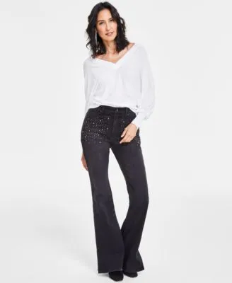 I.N.C. International Concepts Womens Double V Neck Sweater High Rise Rhinestone Studded Flare Jeans Created For Macys